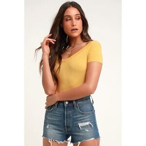 Lulus Sandpiper Yellow Ribbed Off-the-shoulder Bodysuit - Size S